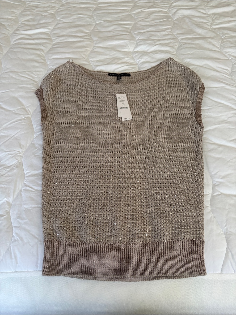 White House Black Market Taupe Knit Sequin Cap-Sleeve Sweater